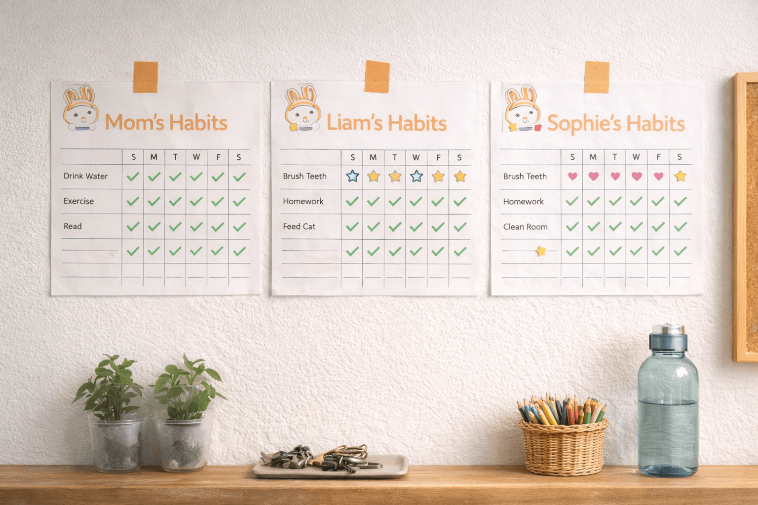 Habit calendars on a wall
